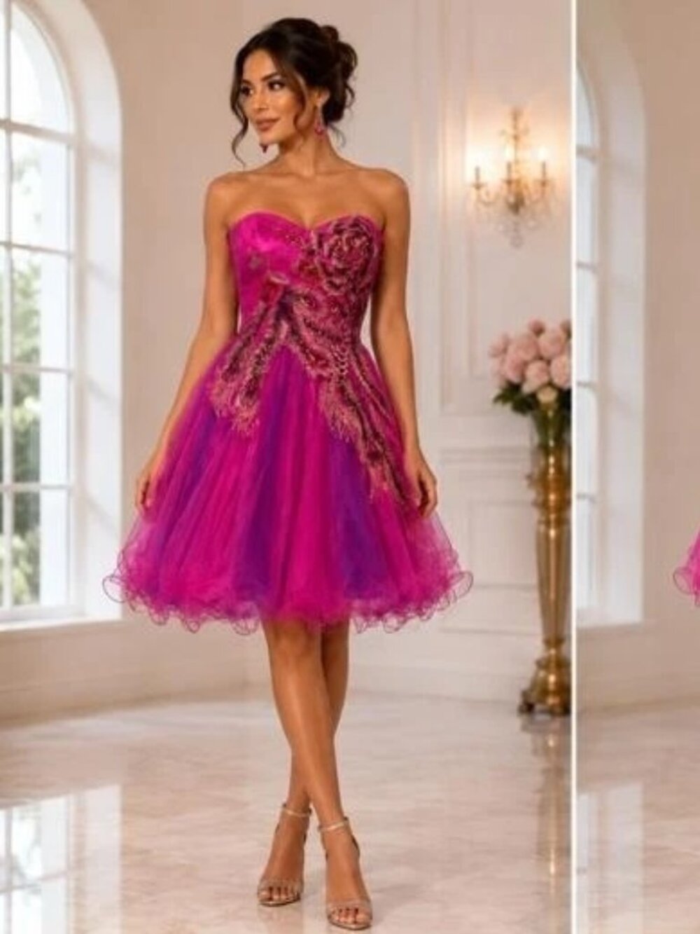 May Queen Fuschia Strapless Short Cocktail Tulle Ruffle Mini Dress